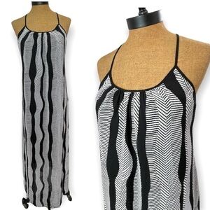 Black & white graphic tribal stripe maxi dress spaghetti strap open back Medium 